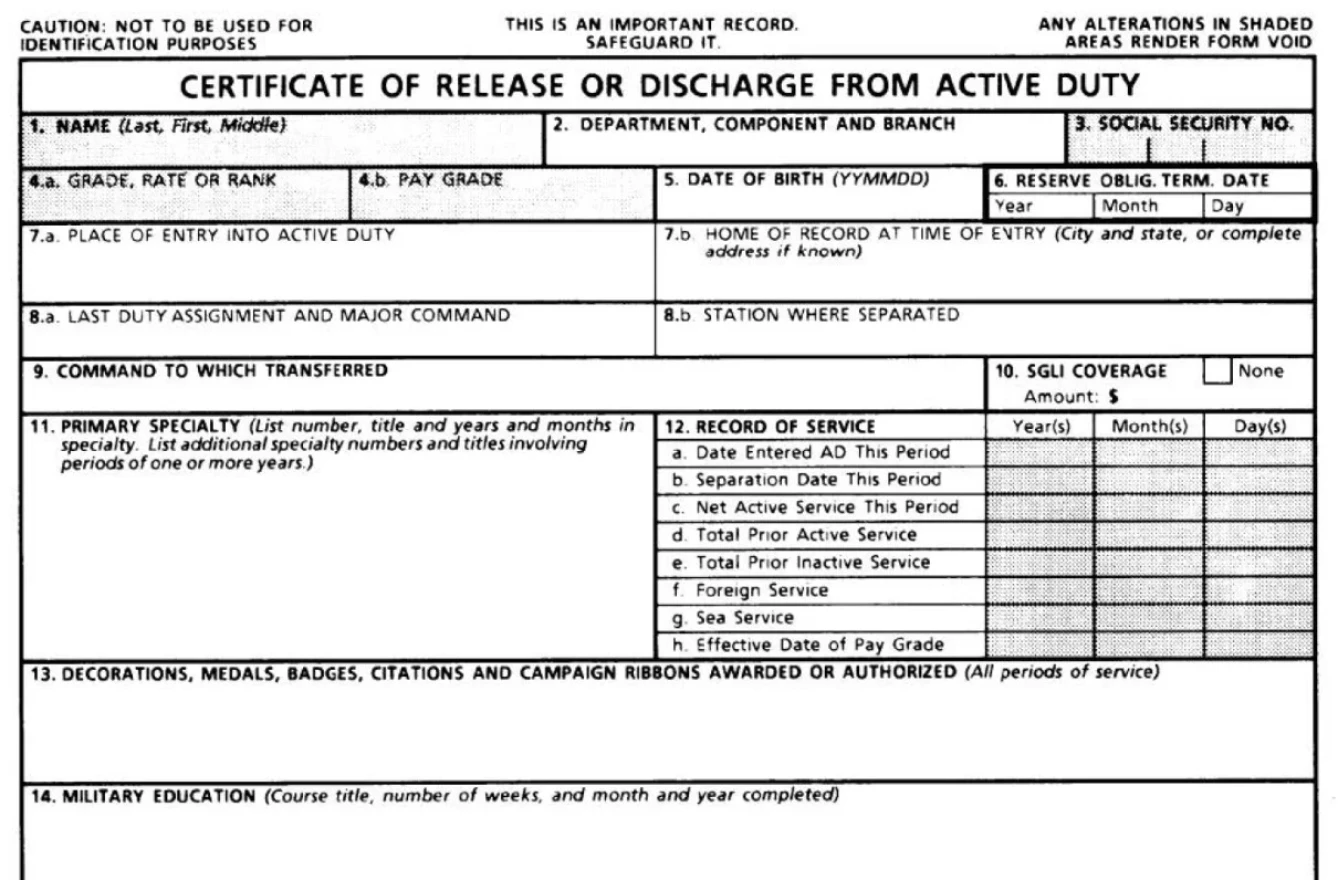 A DD-214 is the military certificate of discharge from active duty.